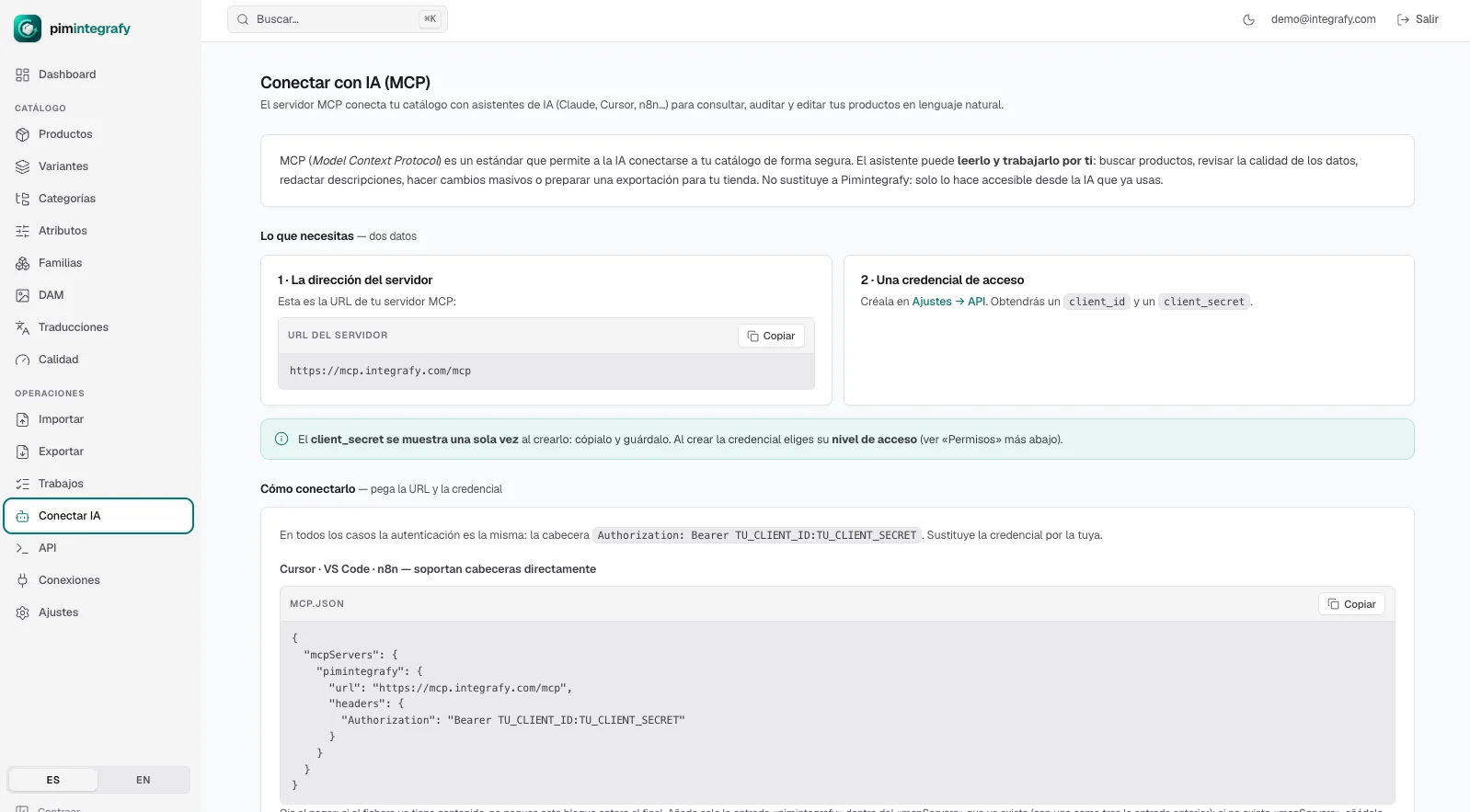 Conectar con IA (MCP) en Integrafy Data