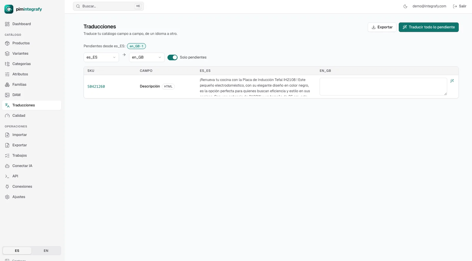 Workbench de traducciones en Integrafy Data