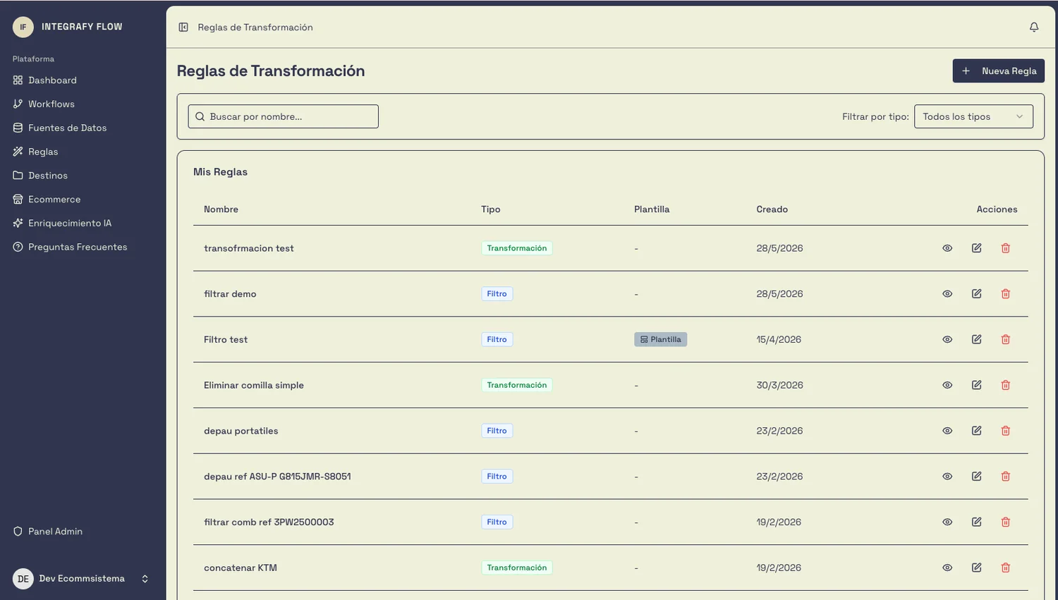 Reglas de transformación en Integrafy Flow